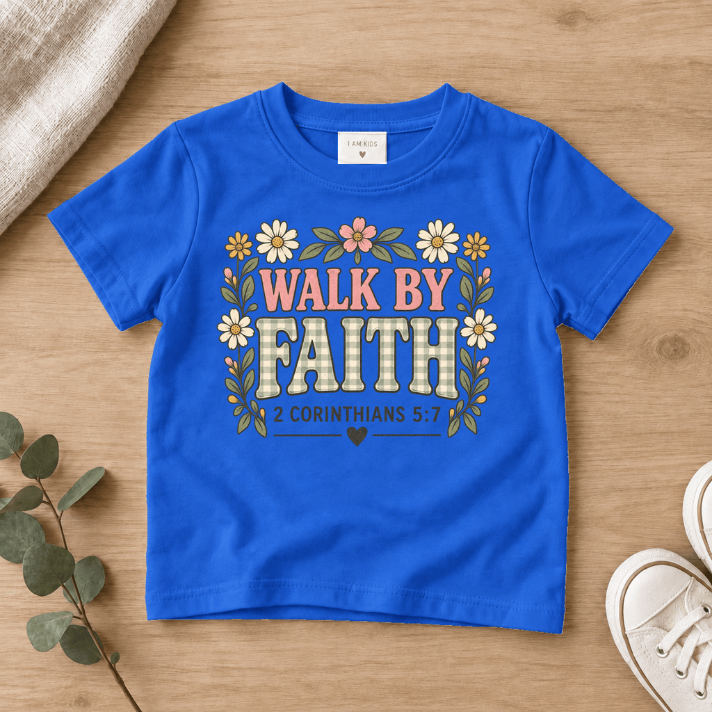 Walk by Faith Floral Kids Tee | Future Disciples Christian scripture shirt - I AM Kids