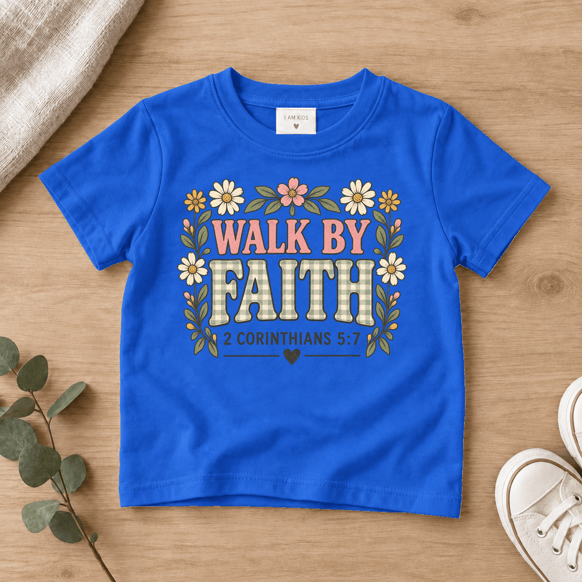 Walk by Faith Floral Kids Tee | Future Disciples Christian scripture shirt - I AM Kids