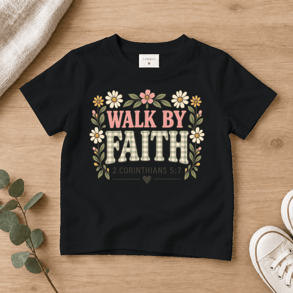 Walk by Faith Floral Kids Tee | Future Disciples Christian scripture shirt - I AM Kids